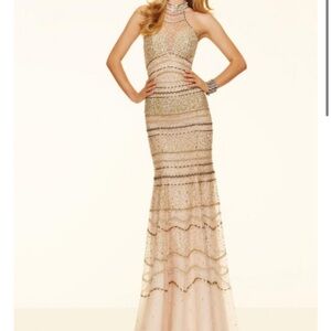Mori Lee Embellished Gown Elegant Gold and Cream